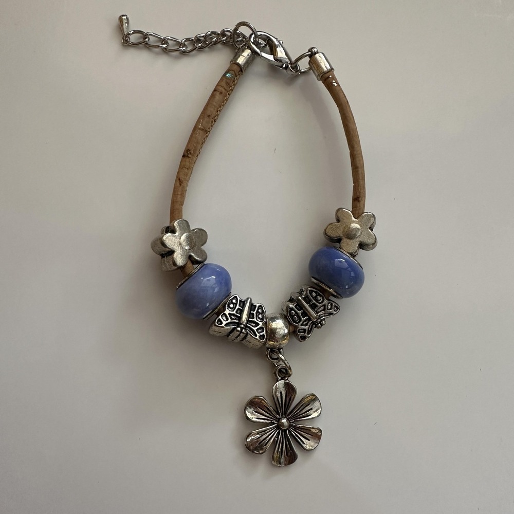 Portugal Cork Bracelet Silver Tone Blue Glass Bead Charm Flowers Butterflies Eco